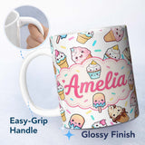 Personalized Custom Name Kawaii Ice Cream Cone Popsicle Sweet Dessert Seamless Pattern Light 11oz Ceramic Coffee Tea Mug White Large Handle