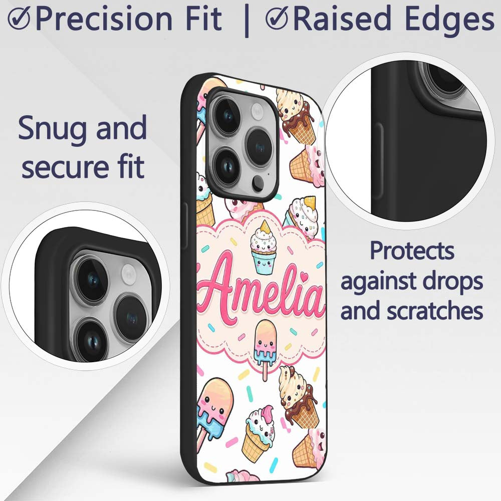 Kawaii Ice Cream Cone Popsicle Sweet Dessert Custom Name Protective Phone Case Mobile Cover Durable Everyday Smartphone Shock Resistant
