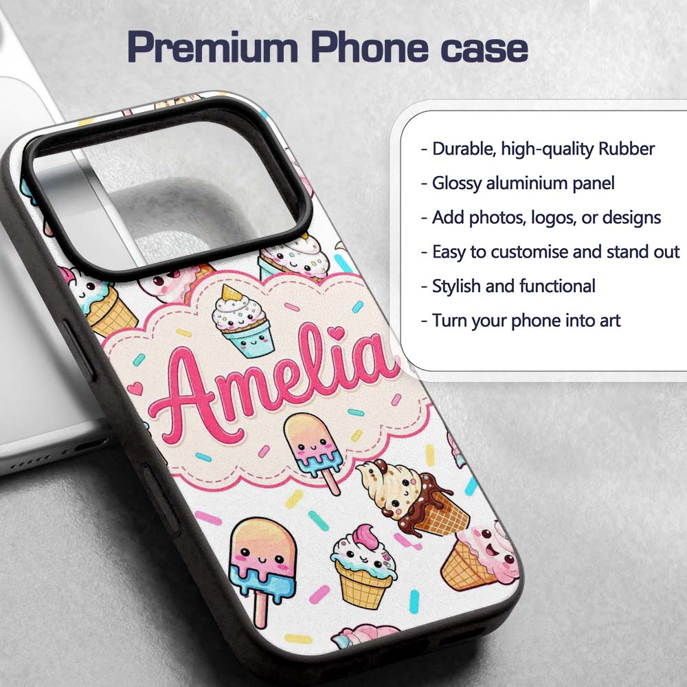 Kawaii Ice Cream Cone Popsicle Sweet Dessert Custom Name Protective Phone Case Mobile Cover Durable Everyday Smartphone Shock Resistant