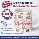 Personalized Custom Name Kawaii Ice Cream Cone Popsicle Sweet Dessert Seamless Pattern Light 11oz Ceramic Coffee Tea Mug White Large Handle