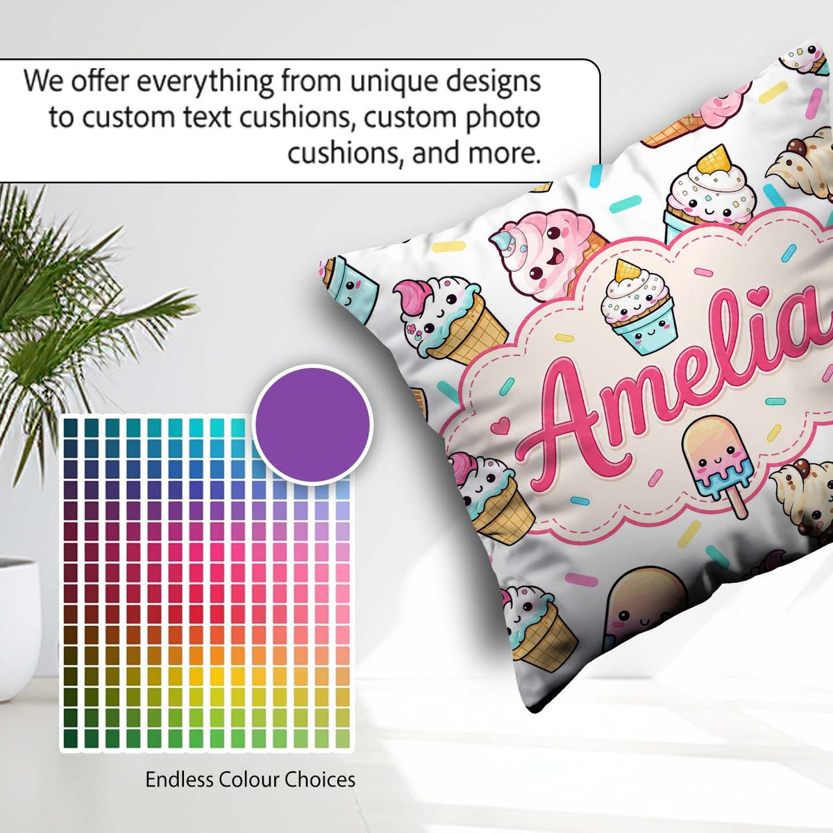 Custom Name Kawaii Ice Cream Cone Popsicle Sweet Dessert Pattern Square Filled Cushion Throw Pillow Sofa Bed Home Decor Zip Washable UK Made