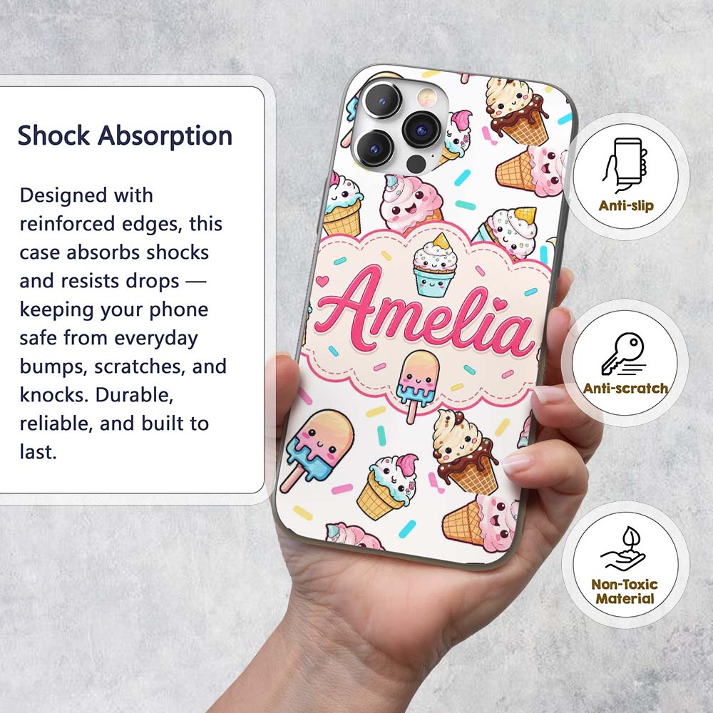 Kawaii Ice Cream Cone Popsicle Sweet Dessert Custom Name Protective Phone Case Mobile Cover Durable Everyday Smartphone Shock Resistant