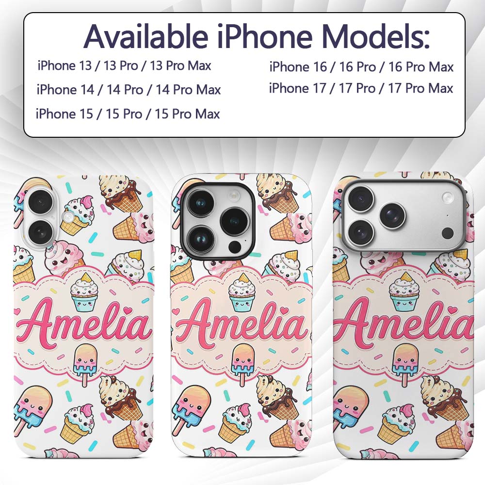 Kawaii Ice Cream Cone Popsicle Sweet Dessert Custom Name Protective Phone Case Mobile Cover Durable Everyday Smartphone Shock Resistant
