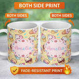 Personalized Custom Name Cute Kawaii Dessert Cake Cupcake Donut Candy Sweet Treat Seamless 11oz Ceramic Coffee Tea Mug White Large Handle