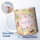 Personalized Custom Name Cute Kawaii Dessert Cake Cupcake Donut Candy Sweet Treat Seamless 11oz Ceramic Coffee Tea Mug White Large Handle