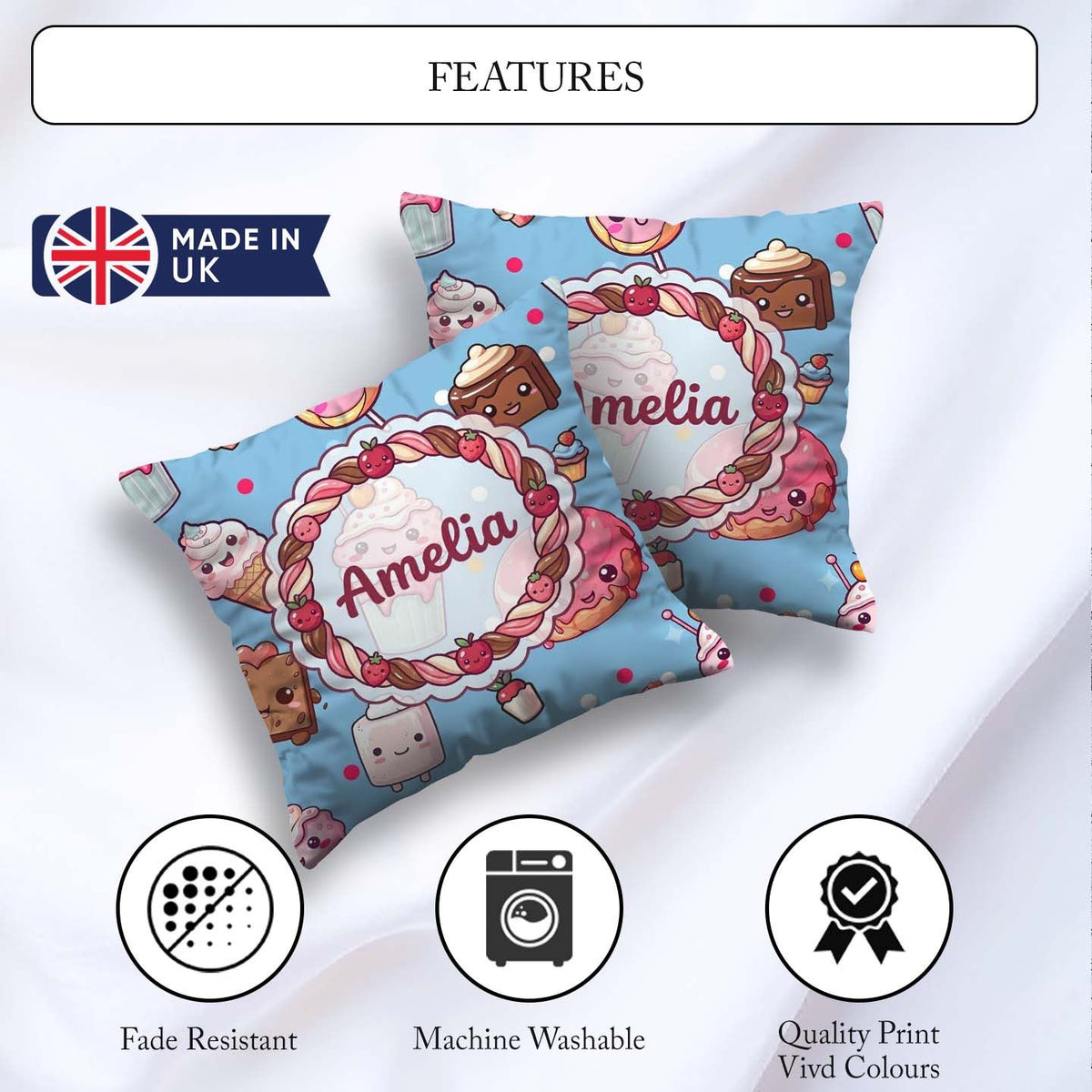 Custom Name Kawaii Dessert Cake Donut Candy Sweet Treat Seamless Square Filled Cushion Throw Pillow Sofa Bed Home Decor Zip Washable UK Made