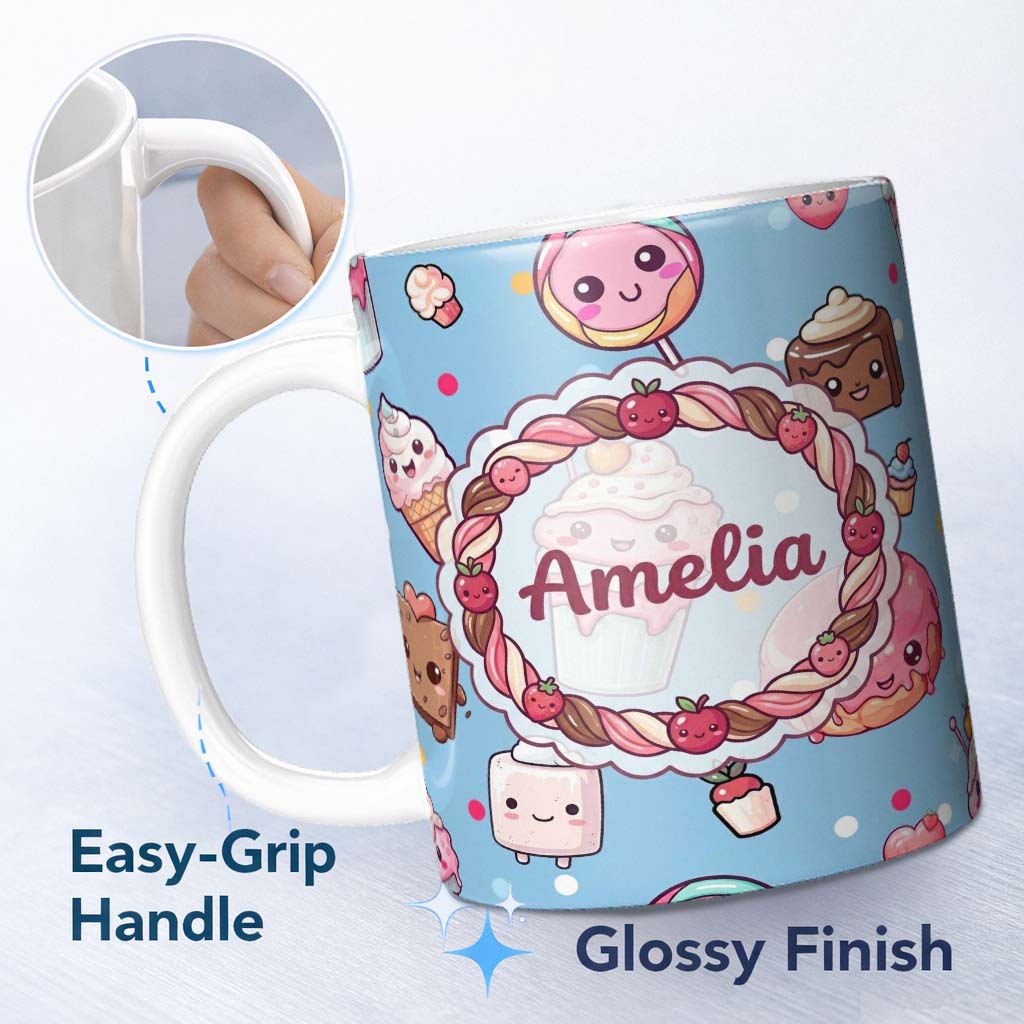 Personalized Custom Name Cute Kawaii Dessert Cake Cupcake Donut Candy Sweet Treat Seamless 11oz Ceramic Coffee Tea Mug White Large Handle