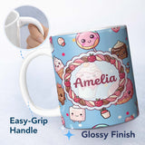 Personalized Custom Name Cute Kawaii Dessert Cake Cupcake Donut Candy Sweet Treat Seamless 11oz Ceramic Coffee Tea Mug White Large Handle