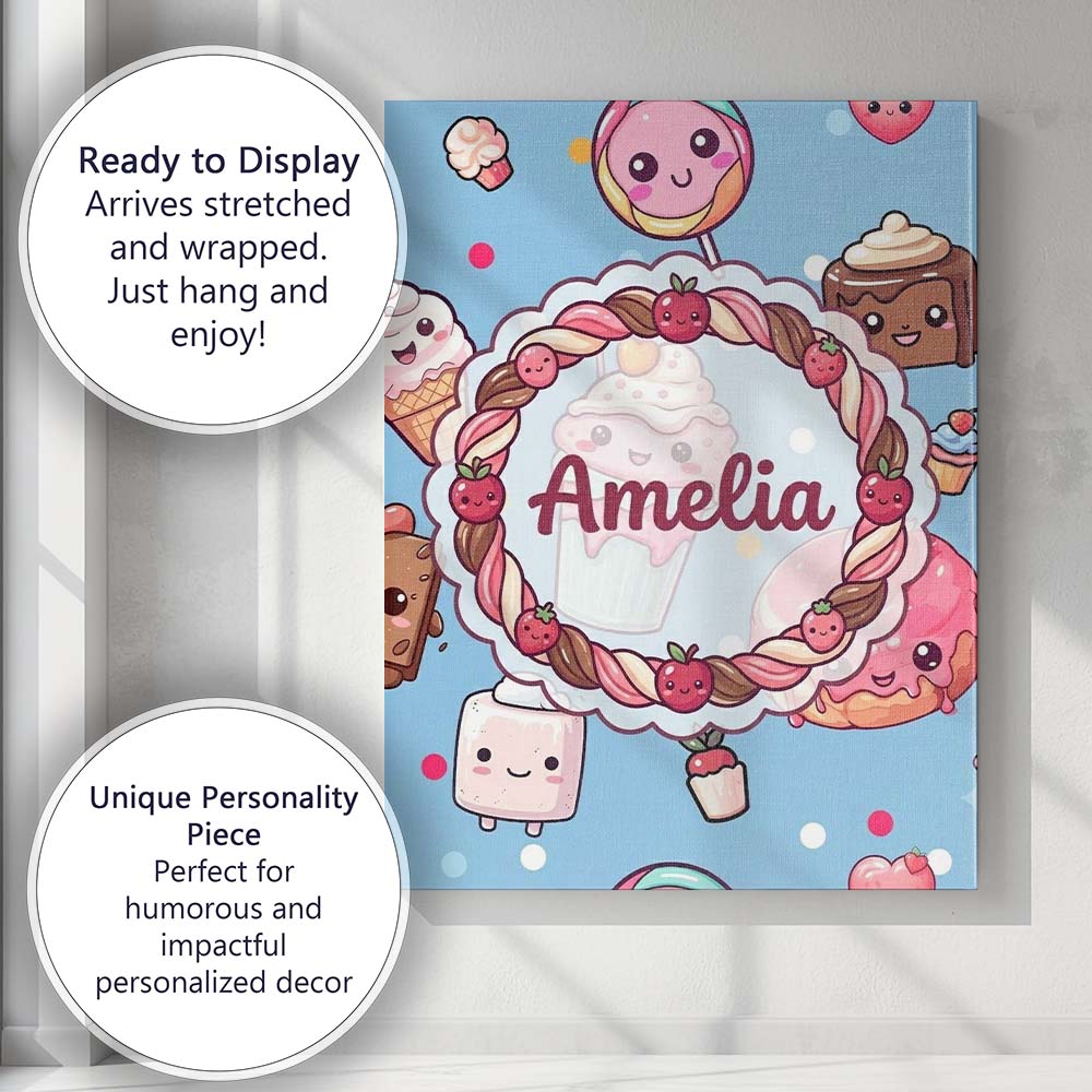 Personalised Name Cute Kawaii Dessert Cake Custom  Unique Gift Idea Elegant Feature Canvas Wall Art Print Decor Picture Ready to Hang