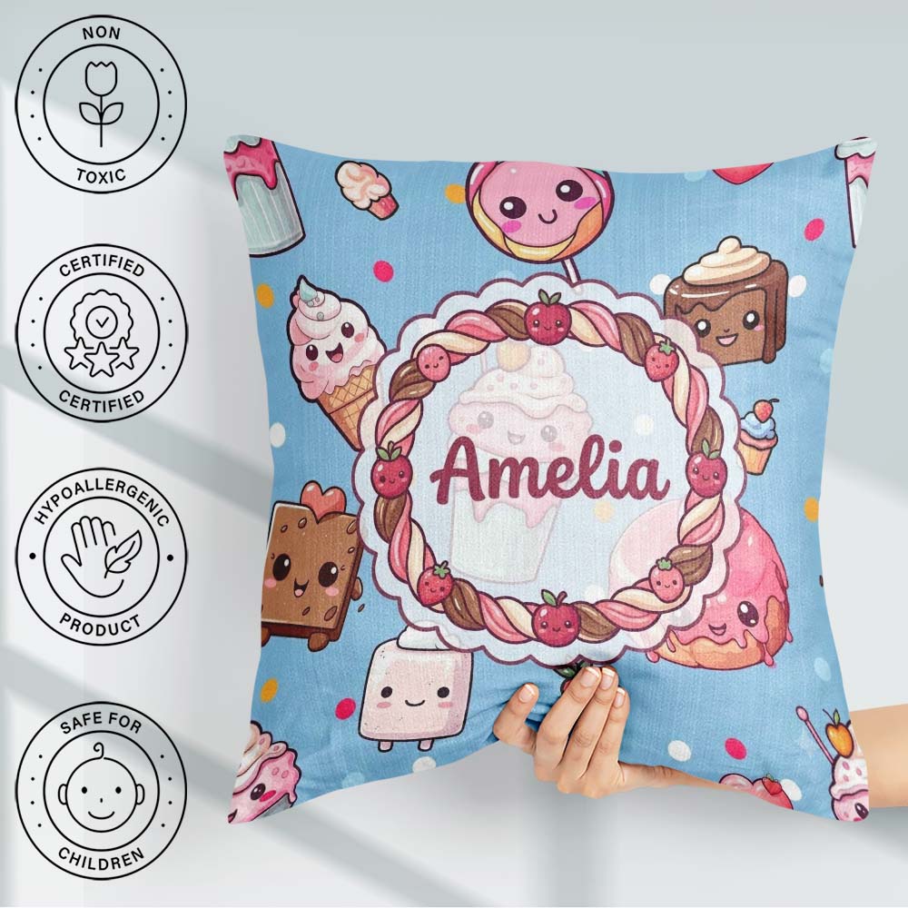 Custom Name Kawaii Dessert Cake Donut Candy Sweet Treat Seamless Square Filled Cushion Throw Pillow Sofa Bed Home Decor Zip Washable UK Made