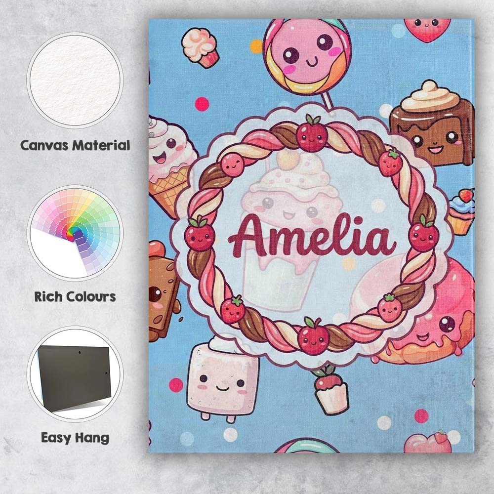 Personalised Name Cute Kawaii Dessert Cake Custom  Unique Gift Idea Elegant Feature Canvas Wall Art Print Decor Picture Ready to Hang