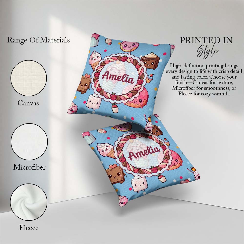 Custom Name Kawaii Dessert Cake Donut Candy Sweet Treat Seamless Square Filled Cushion Throw Pillow Sofa Bed Home Decor Zip Washable UK Made
