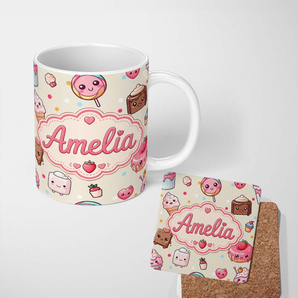 Personalized Custom Name Cute Kawaii Dessert Cake Cupcake Donut Candy Sweet Treat Seamless 11oz Ceramic Coffee Tea Mug White Large Handle