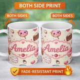 Personalized Custom Name Cute Kawaii Dessert Cake Cupcake Donut Candy Sweet Treat Seamless 11oz Ceramic Coffee Tea Mug White Large Handle