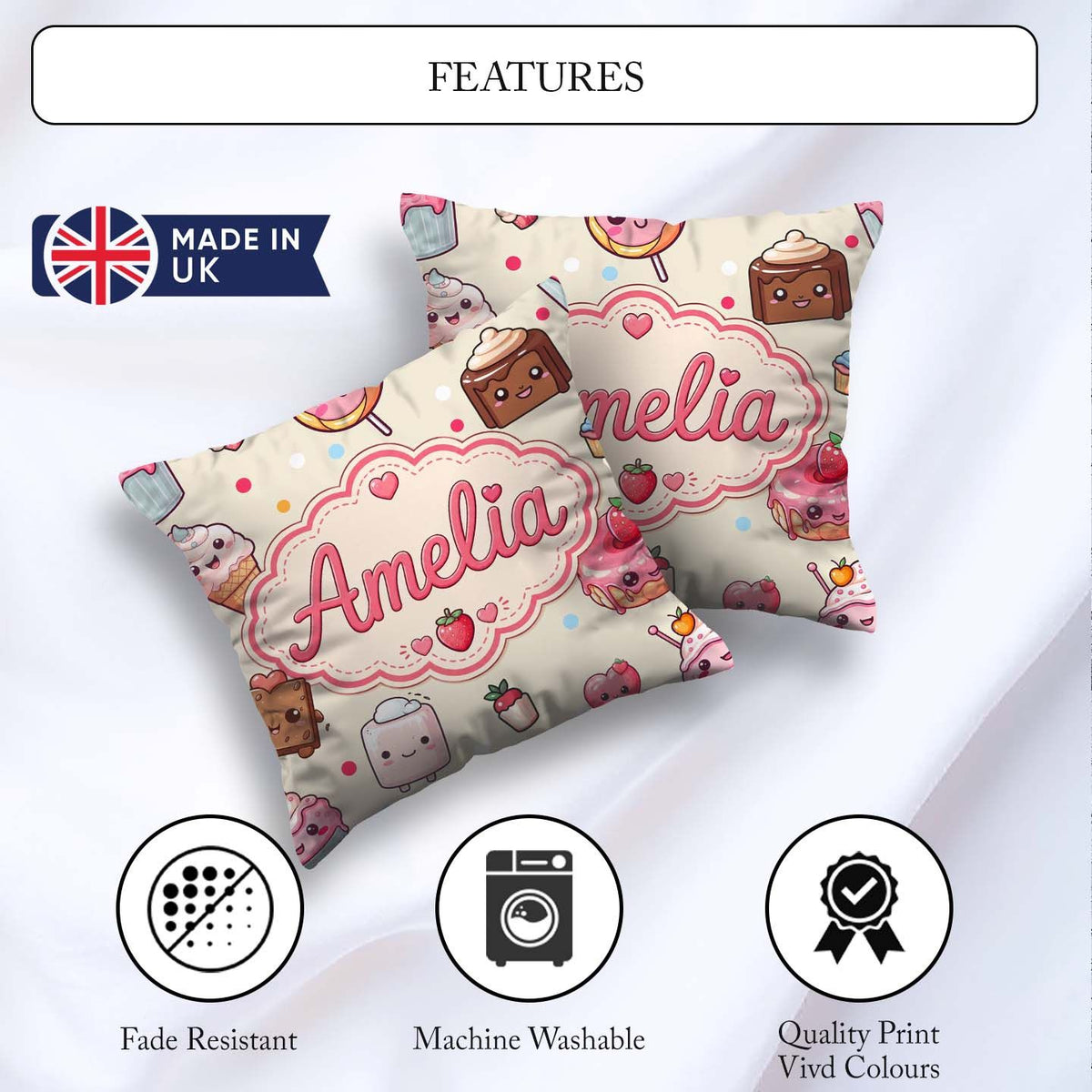 Custom Name Kawaii Dessert Cake Donut Candy Sweet Treat Seamless Square Filled Cushion Throw Pillow Sofa Bed Home Decor Zip Washable UK Made