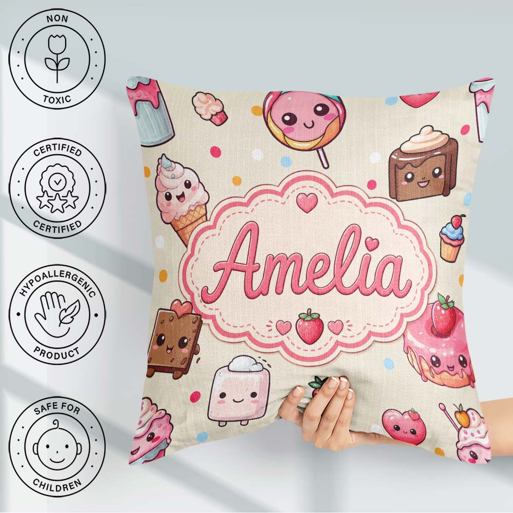 Custom Name Kawaii Dessert Cake Donut Candy Sweet Treat Seamless Square Filled Cushion Throw Pillow Sofa Bed Home Decor Zip Washable UK Made