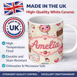 Personalized Custom Name Cute Kawaii Dessert Cake Cupcake Donut Candy Sweet Treat Seamless 11oz Ceramic Coffee Tea Mug White Large Handle