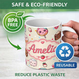 Personalized Custom Name Cute Kawaii Dessert Cake Cupcake Donut Candy Sweet Treat Seamless 11oz Ceramic Coffee Tea Mug White Large Handle