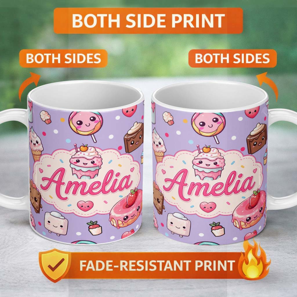 Personalized Custom Name Cute Kawaii Dessert Cake Cupcake Donut Candy Sweet Treat Seamless 11oz Ceramic Coffee Tea Mug White Large Handle