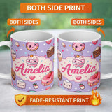 Personalized Custom Name Cute Kawaii Dessert Cake Cupcake Donut Candy Sweet Treat Seamless 11oz Ceramic Coffee Tea Mug White Large Handle