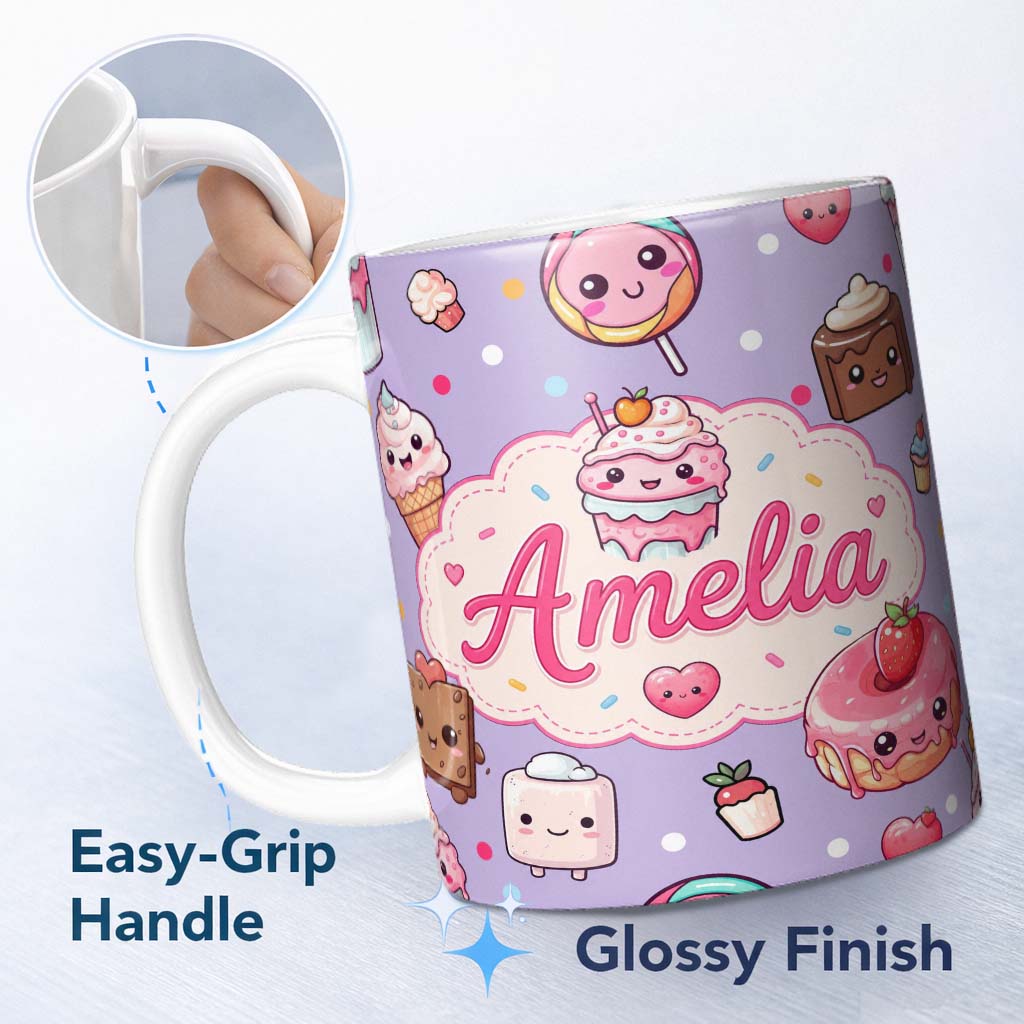 Personalized Custom Name Cute Kawaii Dessert Cake Cupcake Donut Candy Sweet Treat Seamless 11oz Ceramic Coffee Tea Mug White Large Handle