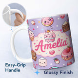 Personalized Custom Name Cute Kawaii Dessert Cake Cupcake Donut Candy Sweet Treat Seamless 11oz Ceramic Coffee Tea Mug White Large Handle