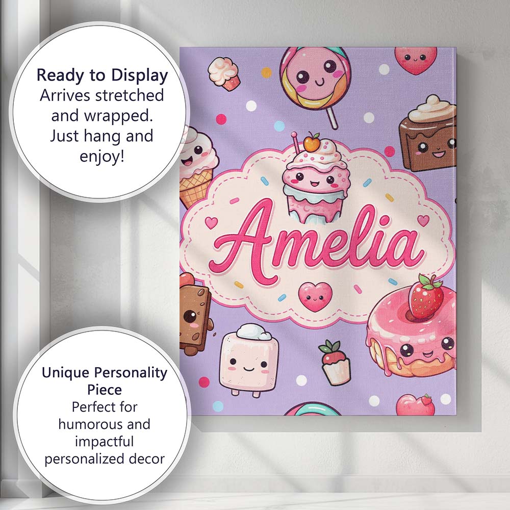 Personalised Name Cute Kawaii Dessert Cake Custom  Unique Gift Idea Elegant Feature Canvas Wall Art Print Decor Picture Ready to Hang