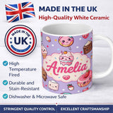 Personalized Custom Name Cute Kawaii Dessert Cake Cupcake Donut Candy Sweet Treat Seamless 11oz Ceramic Coffee Tea Mug White Large Handle