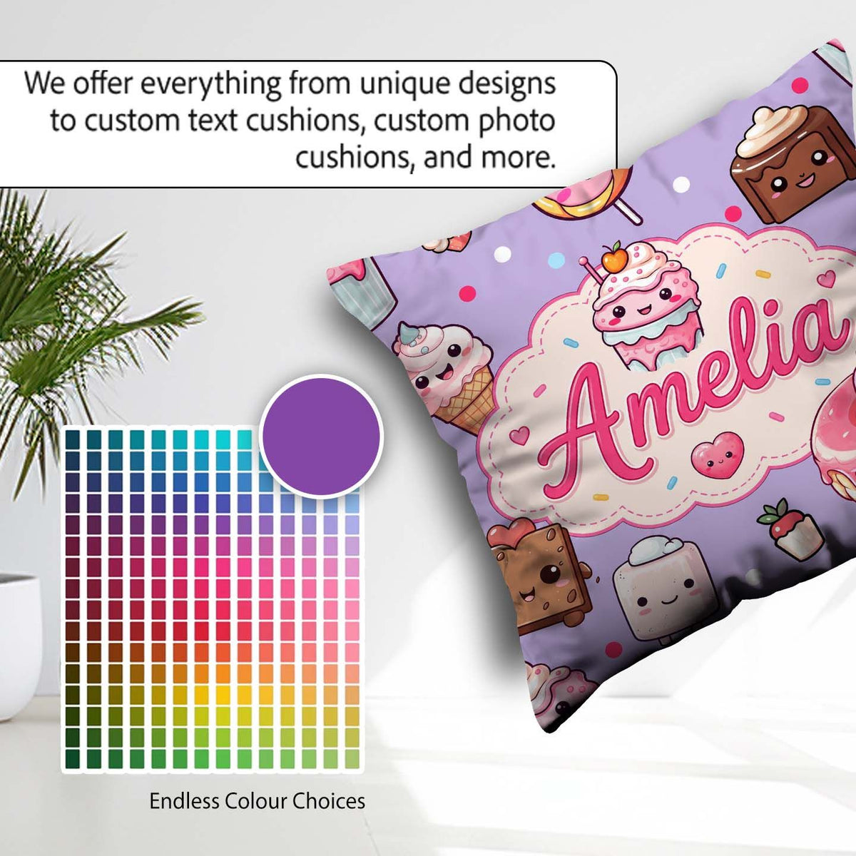 Custom Name Kawaii Dessert Cake Donut Candy Sweet Treat Seamless Square Filled Cushion Throw Pillow Sofa Bed Home Decor Zip Washable UK Made