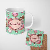Personalized Custom Name Cute Kawaii Dessert Cake Cupcake Donut Candy Sweet Treat Seamless 11oz Ceramic Coffee Tea Mug White Large Handle