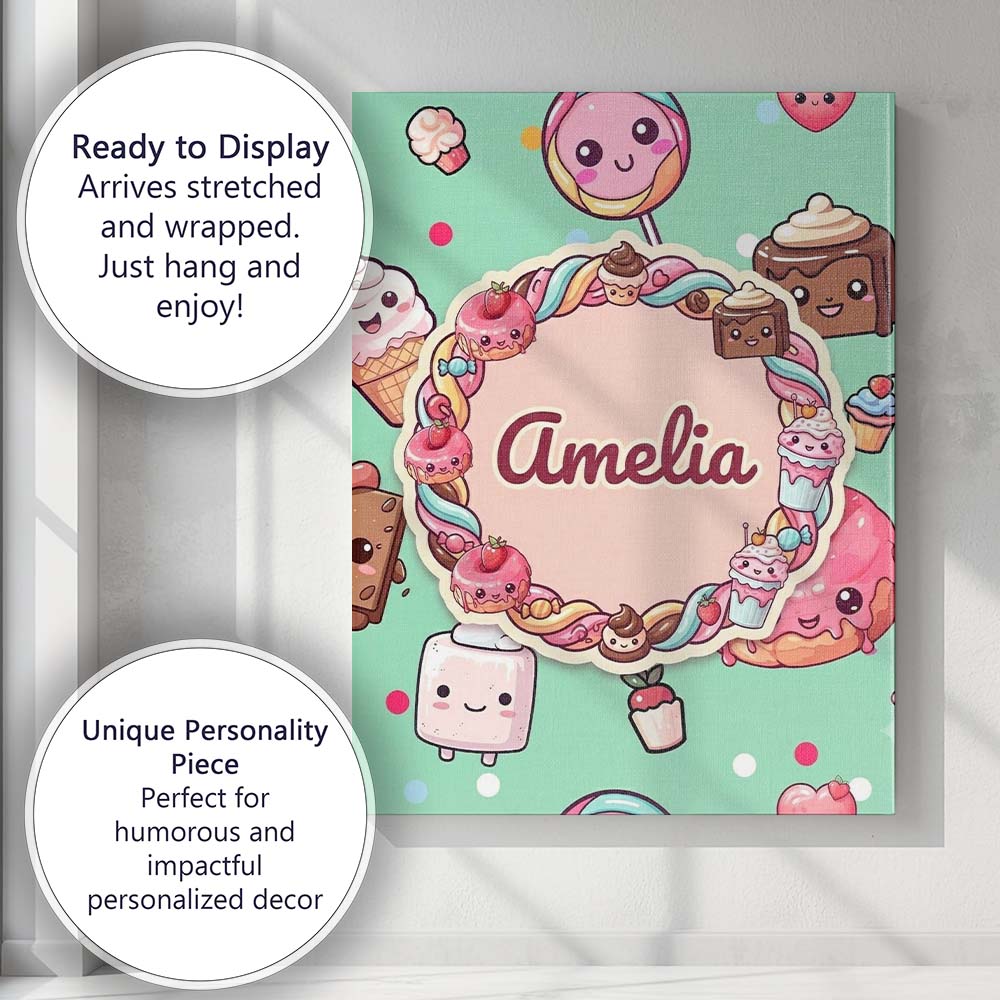 Personalised Name Cute Kawaii Dessert Cake Custom  Unique Gift Idea Elegant Feature Canvas Wall Art Print Decor Picture Ready to Hang