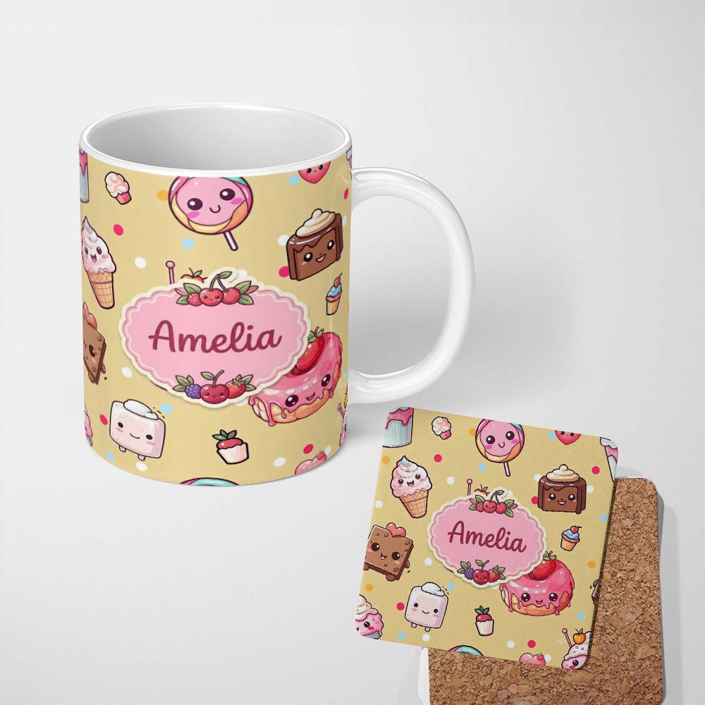 Personalized Custom Name Cute Kawaii Dessert Cake Cupcake Donut Candy Sweet Treat Seamless 11oz Ceramic Coffee Tea Mug White Large Handle