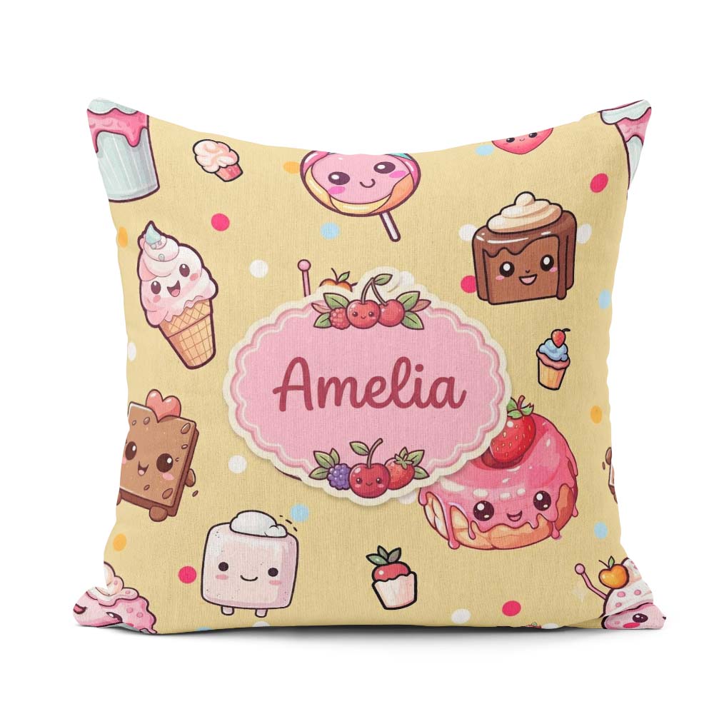 Custom Name Kawaii Dessert Cake Donut Candy Sweet Treat Seamless Square Filled Cushion Throw Pillow Sofa Bed Home Decor Zip Washable UK Made