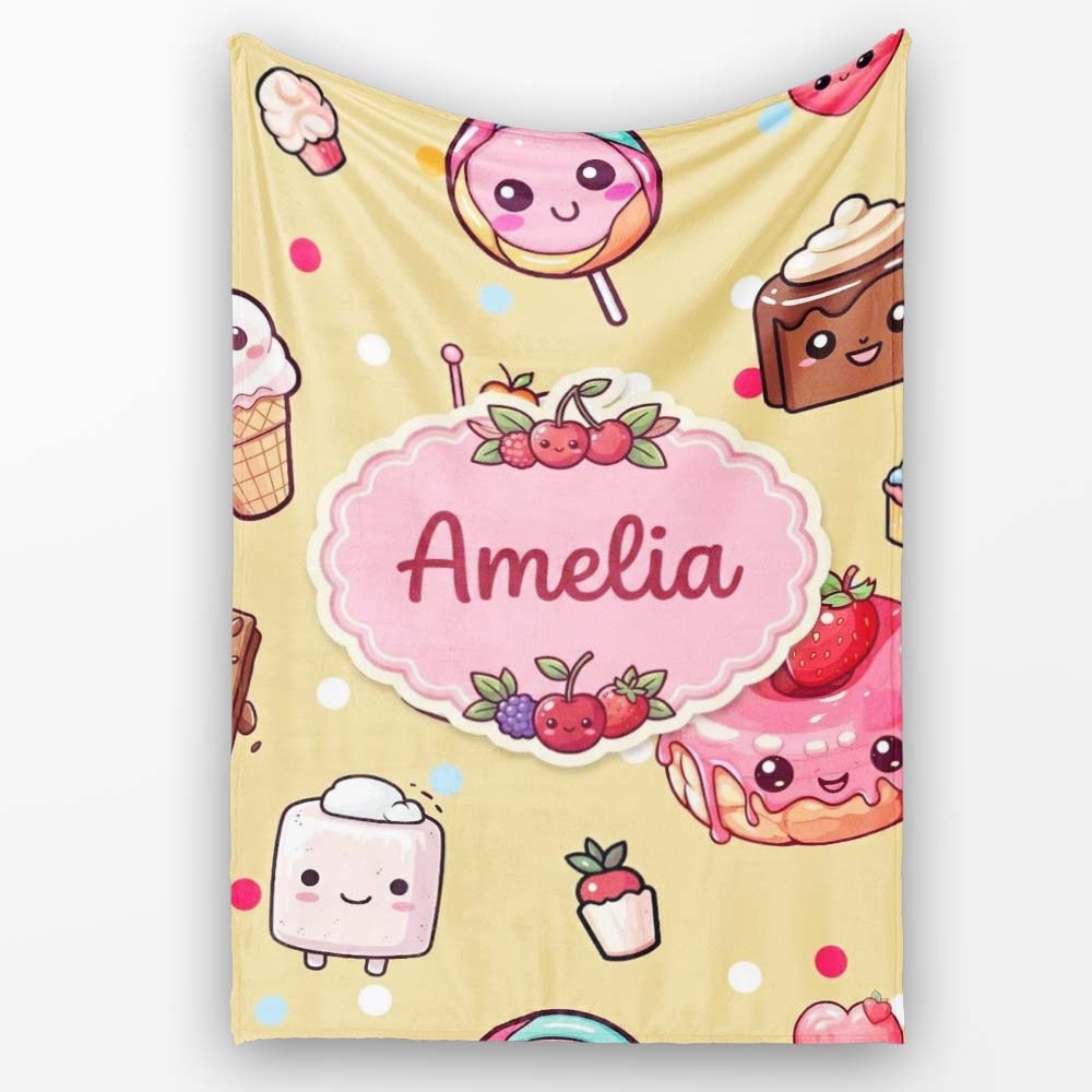 Cute Kawaii Dessert Cake Cupcake Donut Candy Sweet Treat Seamless  Personalised Custom Name Super Soft Fleece Blanket Bed Sofa Throw