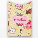 Cute Kawaii Dessert Cake Cupcake Donut Candy Sweet Treat Seamless  Personalised Custom Name Super Soft Fleece Blanket Bed Sofa Throw