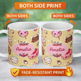 Personalized Custom Name Cute Kawaii Dessert Cake Cupcake Donut Candy Sweet Treat Seamless 11oz Ceramic Coffee Tea Mug White Large Handle
