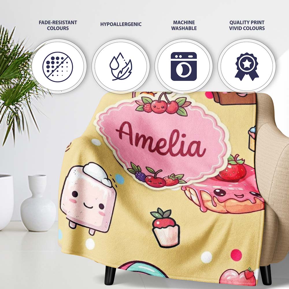Cute Kawaii Dessert Cake Cupcake Donut Candy Sweet Treat Seamless  Personalised Custom Name Super Soft Fleece Blanket Bed Sofa Throw