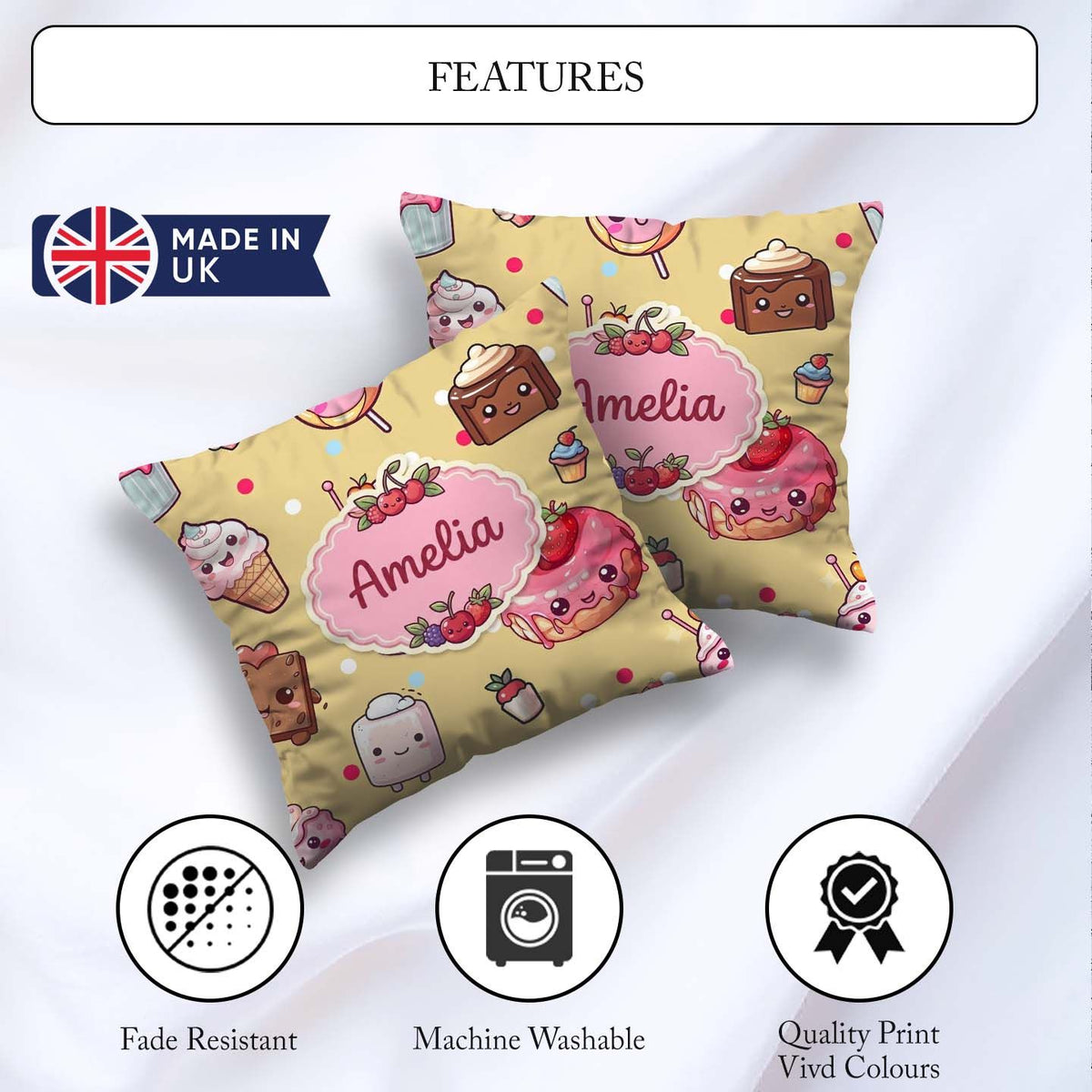 Custom Name Kawaii Dessert Cake Donut Candy Sweet Treat Seamless Square Filled Cushion Throw Pillow Sofa Bed Home Decor Zip Washable UK Made