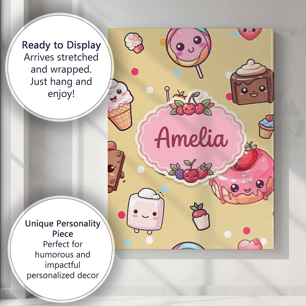 Personalised Name Cute Kawaii Dessert Cake Custom  Unique Gift Idea Elegant Feature Canvas Wall Art Print Decor Picture Ready to Hang