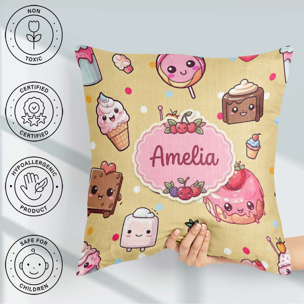 Custom Name Kawaii Dessert Cake Donut Candy Sweet Treat Seamless Square Filled Cushion Throw Pillow Sofa Bed Home Decor Zip Washable UK Made