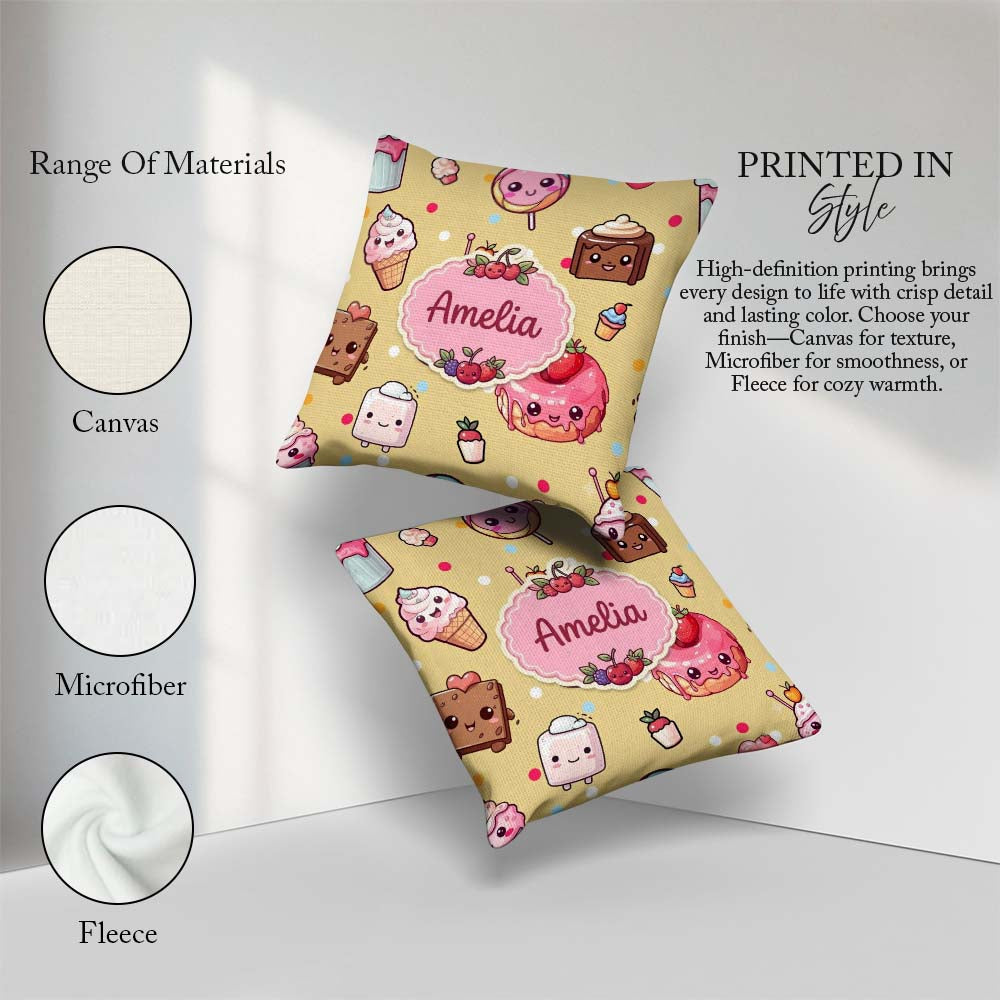 Custom Name Kawaii Dessert Cake Donut Candy Sweet Treat Seamless Square Filled Cushion Throw Pillow Sofa Bed Home Decor Zip Washable UK Made