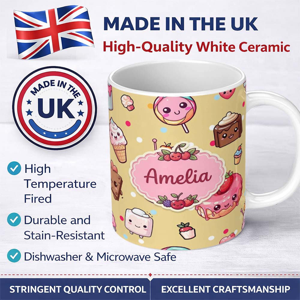 Personalized Custom Name Cute Kawaii Dessert Cake Cupcake Donut Candy Sweet Treat Seamless 11oz Ceramic Coffee Tea Mug White Large Handle