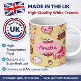 Personalized Custom Name Cute Kawaii Dessert Cake Cupcake Donut Candy Sweet Treat Seamless 11oz Ceramic Coffee Tea Mug White Large Handle