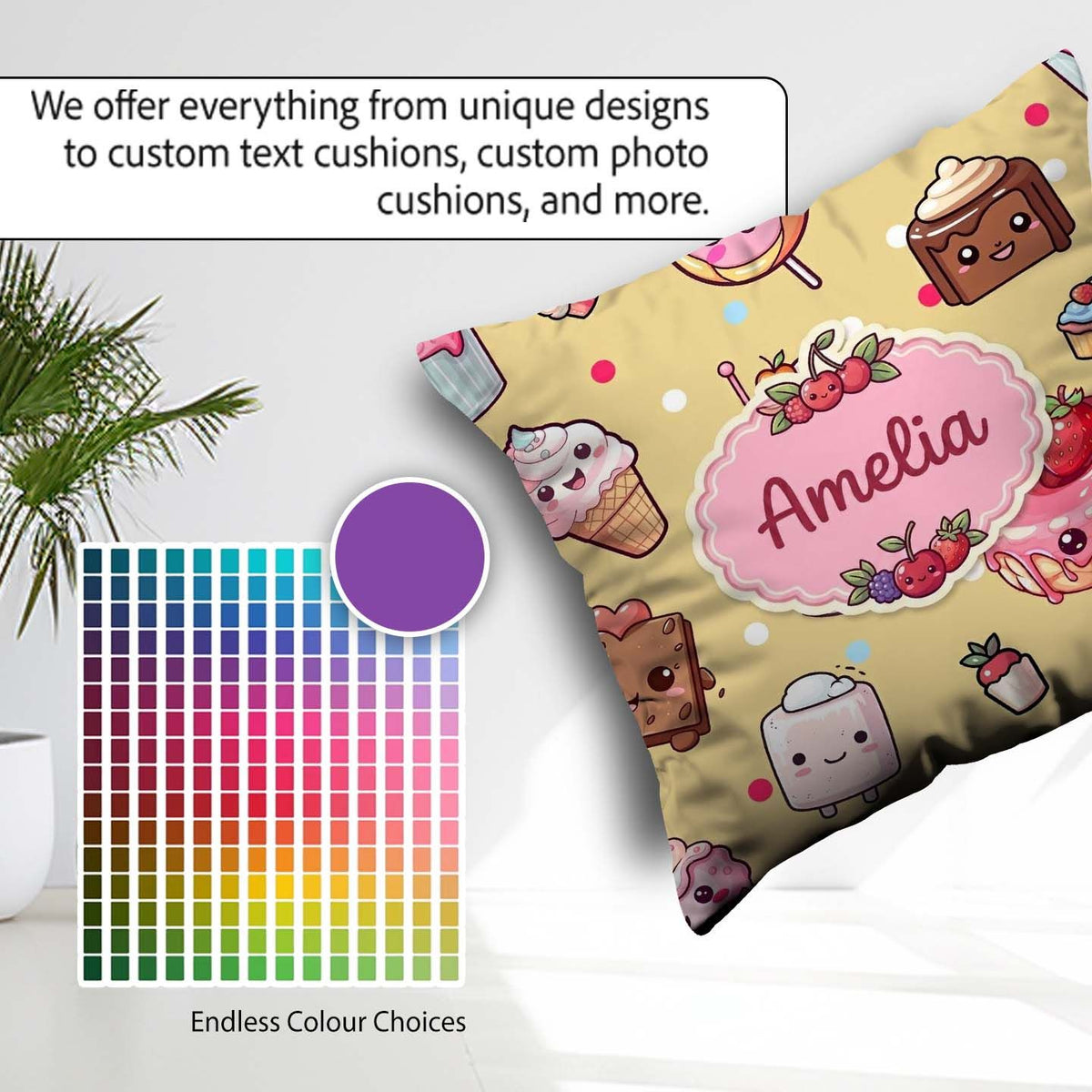 Custom Name Kawaii Dessert Cake Donut Candy Sweet Treat Seamless Square Filled Cushion Throw Pillow Sofa Bed Home Decor Zip Washable UK Made