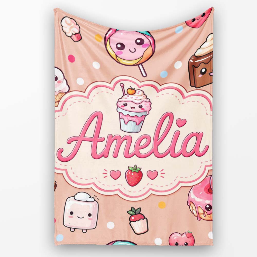 Cute Kawaii Dessert Cake Cupcake Donut Candy Sweet Treat Seamless  Personalised Custom Name Super Soft Fleece Blanket Bed Sofa Throw