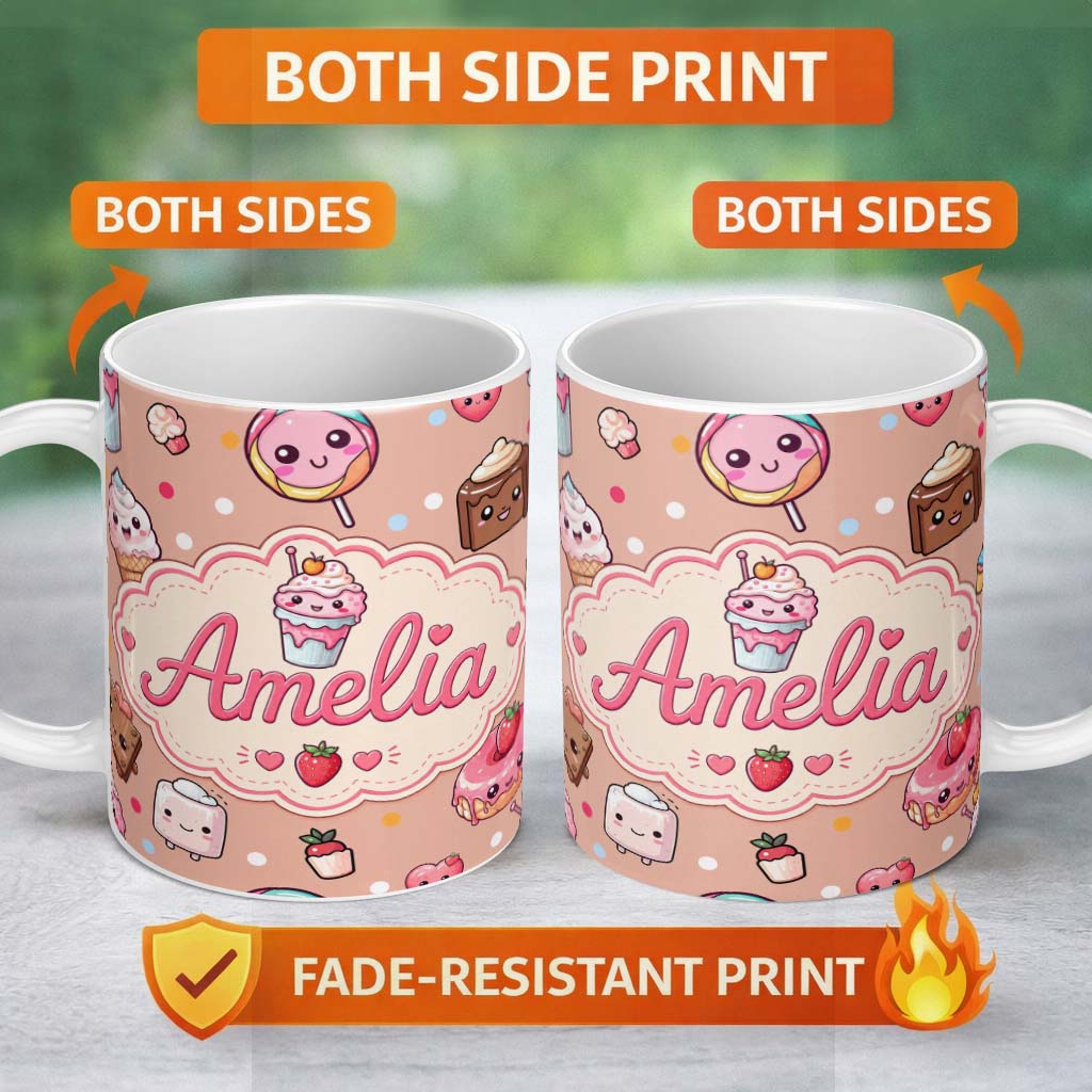 Personalized Custom Name Cute Kawaii Dessert Cake Cupcake Donut Candy Sweet Treat Seamless 11oz Ceramic Coffee Tea Mug White Large Handle