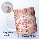 Personalized Custom Name Cute Kawaii Dessert Cake Cupcake Donut Candy Sweet Treat Seamless 11oz Ceramic Coffee Tea Mug White Large Handle