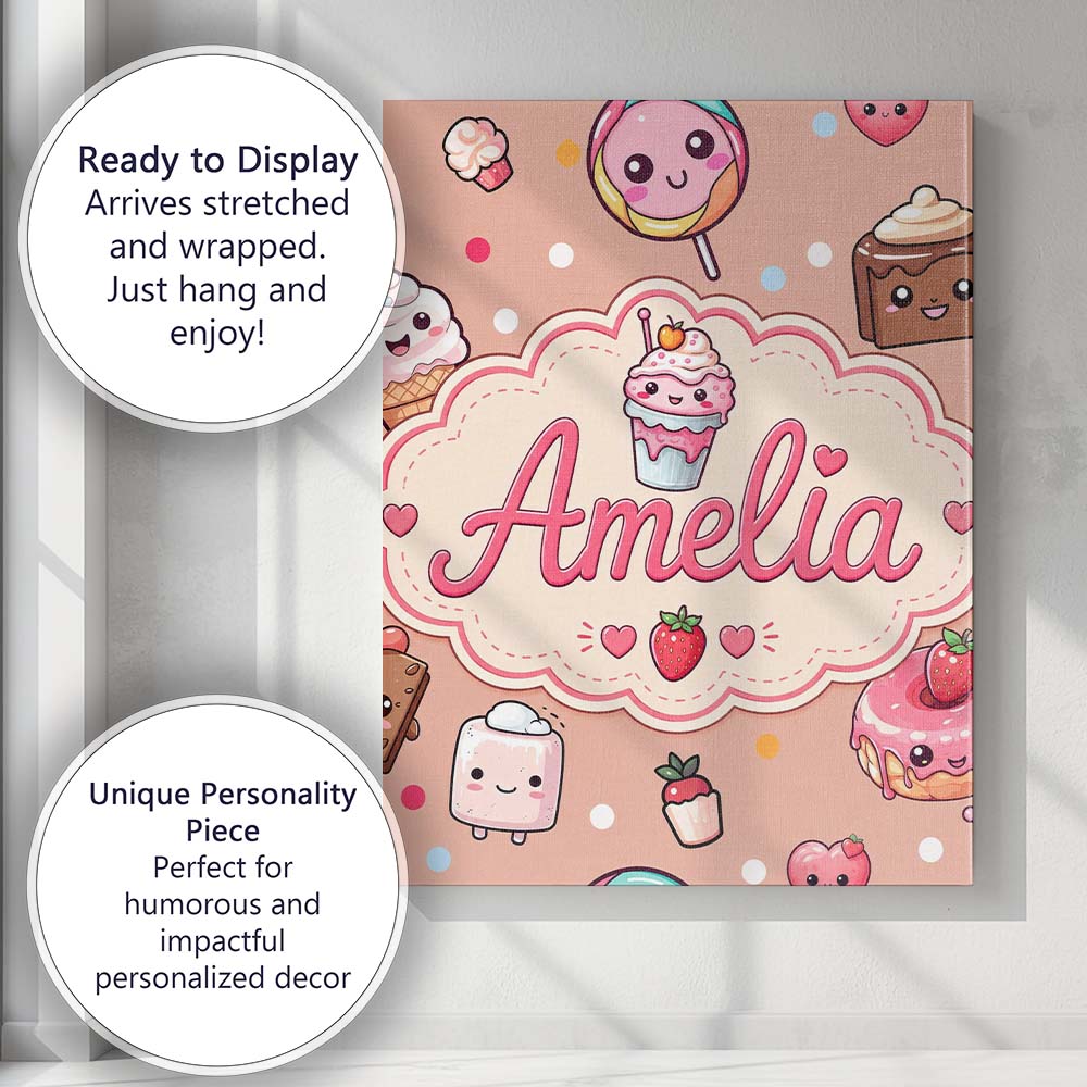 Personalised Name Cute Kawaii Dessert Cake Custom  Unique Gift Idea Elegant Feature Canvas Wall Art Print Decor Picture Ready to Hang