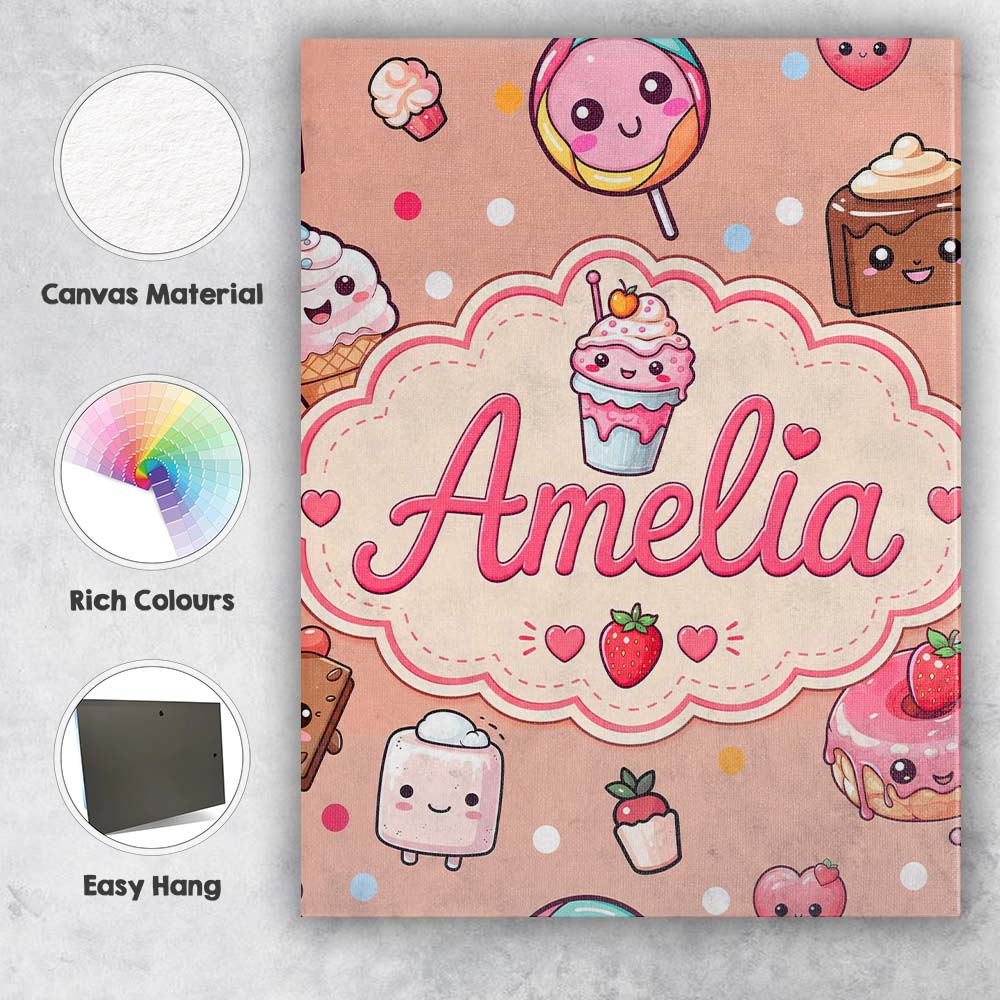 Personalised Name Cute Kawaii Dessert Cake Custom  Unique Gift Idea Elegant Feature Canvas Wall Art Print Decor Picture Ready to Hang