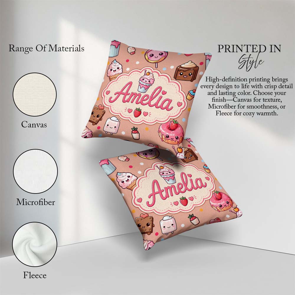 Custom Name Kawaii Dessert Cake Donut Candy Sweet Treat Seamless Square Filled Cushion Throw Pillow Sofa Bed Home Decor Zip Washable UK Made